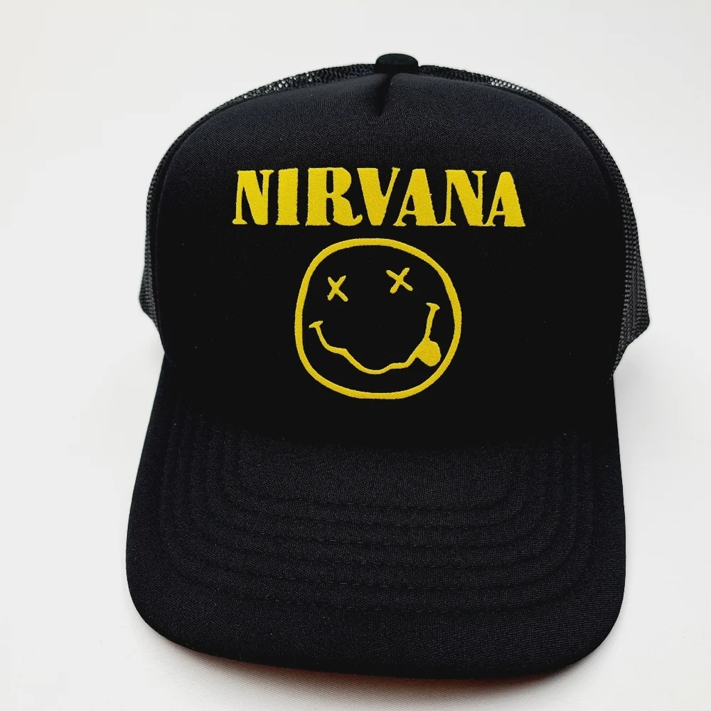 Nirvana Foam Mesh Snapback Trucker Hat Cap Black HTV applicati…